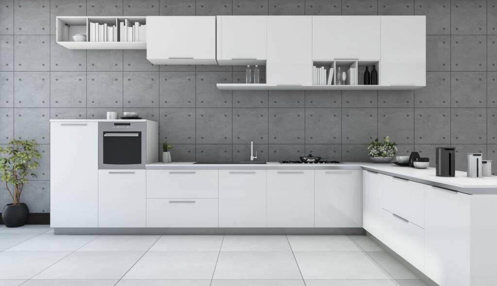 3D rendering of a modern white kitchen with a stylish cabinet design in a loft-style space.