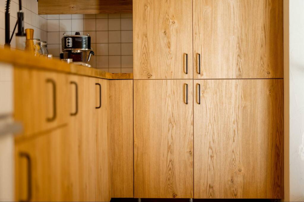 Wooden kitchen cabinets.