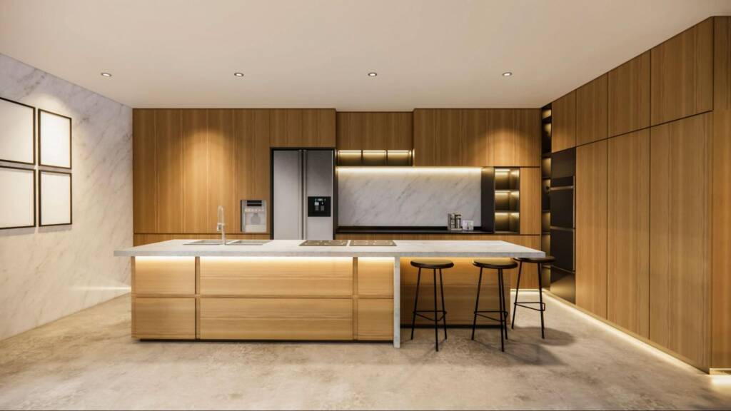 Stylish kitchen featuring rich wooden cabinet design with clean lines and classic detailing.